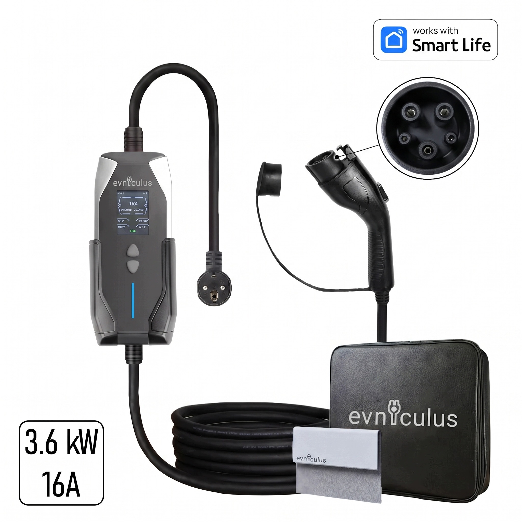Evniculus bærbar EV-lader 3,7 kW (Type 1 / SAE J1772, 16 A) WiFi Smart Life/Tuya, kabel 5 m, 230 V